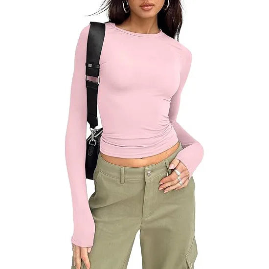 1pcs Four Seasons Fashion Senior Women T-shirt Long Sleeve Crew Neck Solid Slim Fit Tee Ladies Crop Top  Daily Streetwear Camis