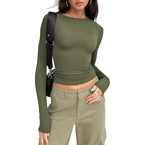 1pcs Four Seasons Fashion Senior Women T-shirt Long Sleeve Crew Neck Solid Slim Fit Tee Ladies Crop Top  Daily Streetwear Camis