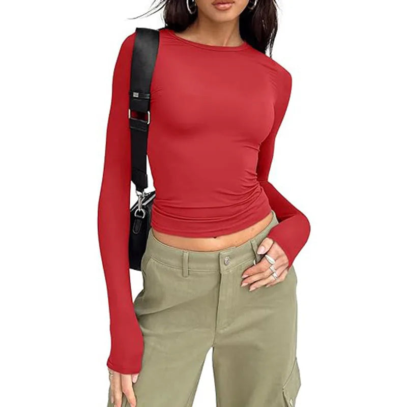 1pcs Four Seasons Fashion Senior Women T-shirt Long Sleeve Crew Neck Solid Slim Fit Tee Ladies Crop Top  Daily Streetwear Camis